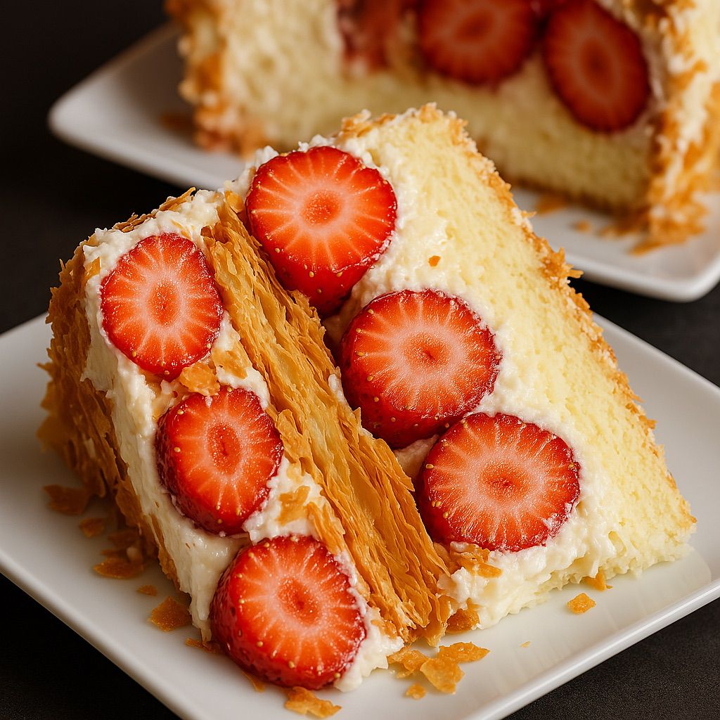 Fatia de mil folhas com camadas de massa folhada, creme e morangos
