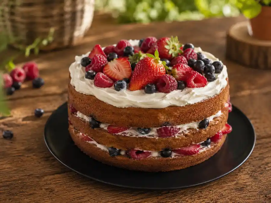 Naked Cake de frutas vermelhas com morangos, framboesas e mirtilos
